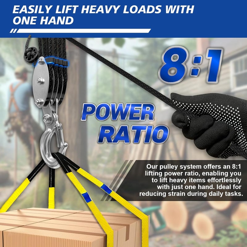 SALIFTFE Block and Tackle Pulley System w/ 2 Lift Sling Straps, Upgraded 4-Wheel Rope Hoist w/Dual Guide Wheels & Wide-Opening Hooks, 8:1 Lifting Power, 65FT x 1/4" Rope for Garage, Hunting, Lifting - Image 3